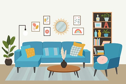 Housing Supports for individuals with mental health diagnoses - illustrated image of warm living room - Encompass Community Supports