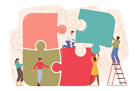 Outpatient Mental Health, Substance Use, Medication Management - illustrated image of a group of people assembling giant puzzle pieces - Encompass Community Supports