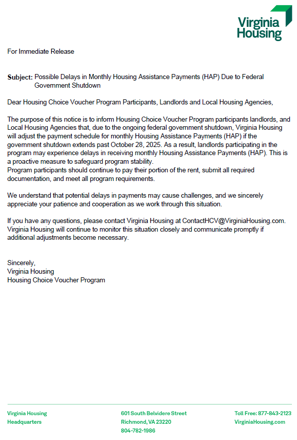 Possible Delays, Monthly Housing Assistance due to Federal Government Shutdown